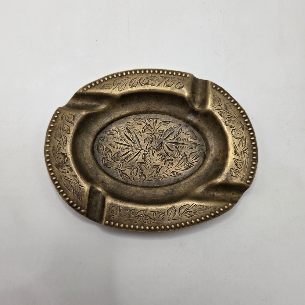 Vintage Brass Ashtray Etched Floral Leaf Oval Trinket Dish Beaded Rim MidCentury